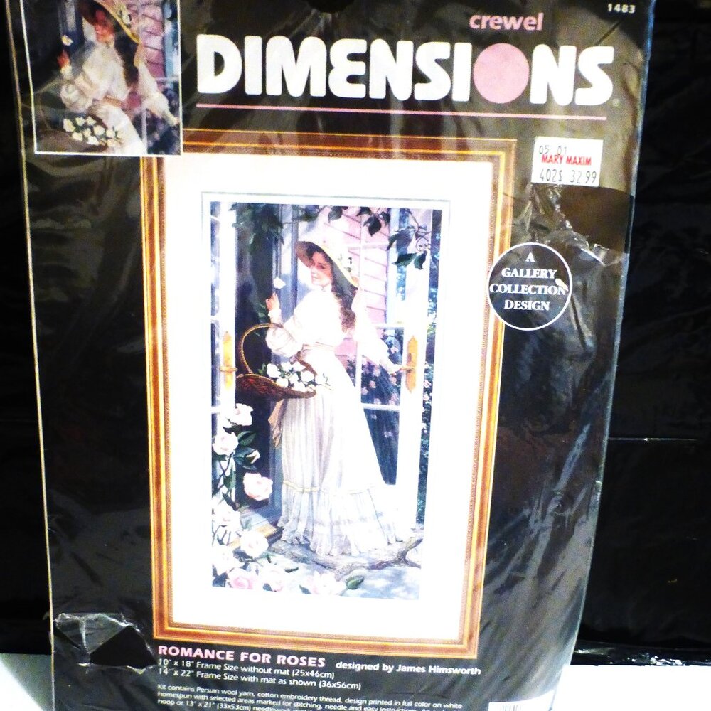 1996 Dimensions ROMANCE 4 ROSES #1483 Crewel Stitchery 18" x 10" James Himsworth